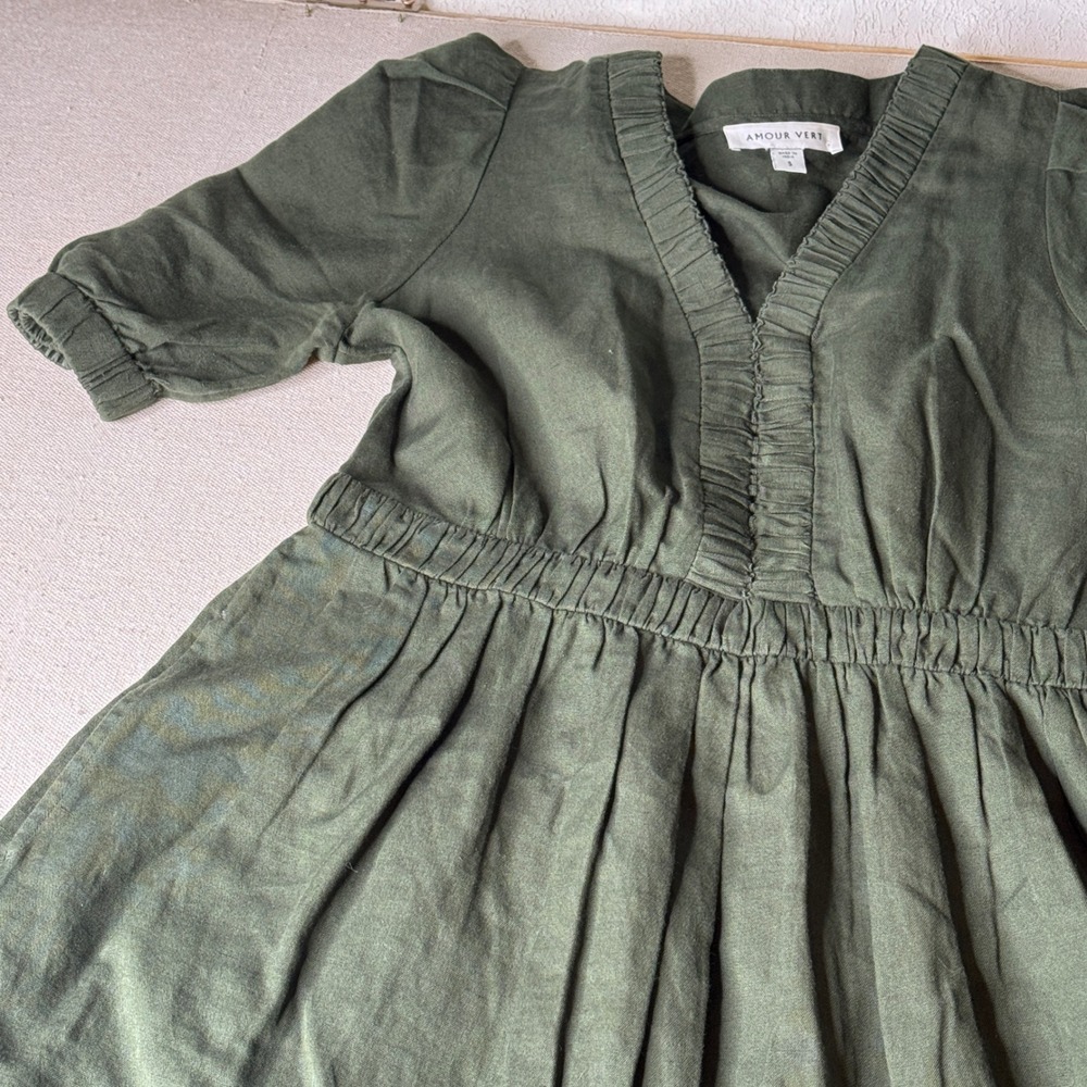 Amour Vert Olive Green Organic Cotton Linen Midi Dress Pockets Small Cottagecore